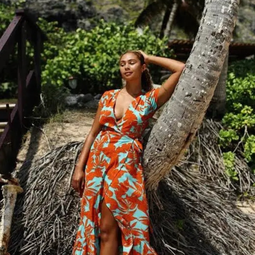XIX PALMS Tropical Orange and Blue Maxi Dress